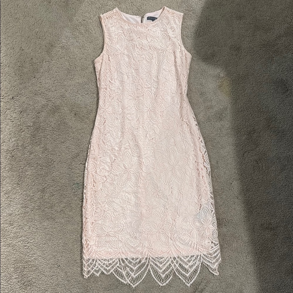 Sharagano Cream Sheath Midi Dress Sleeveless Crew Neck